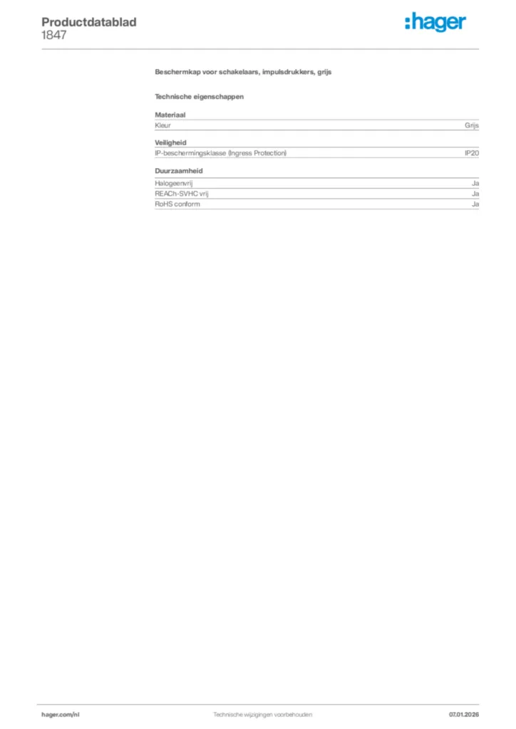 Afbeelding Hager Productdatablad 1847 | Hager Nederland