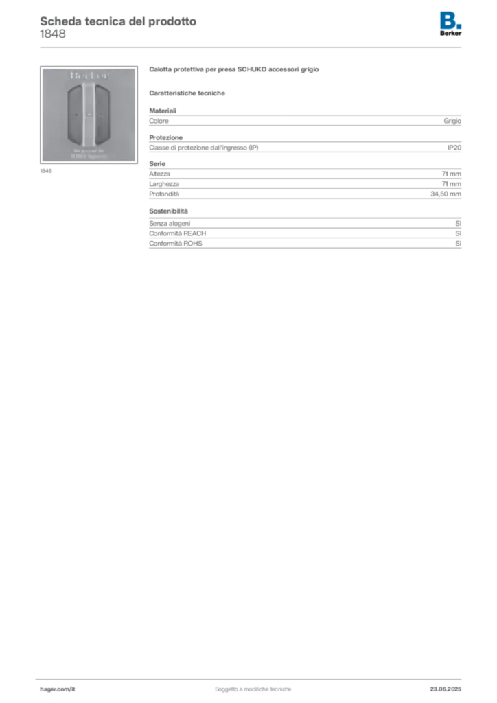 Immagine Berker Scheda tecnica del prodotto 1848 | Hager Italia