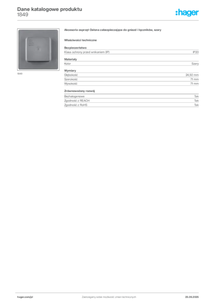 Zdjęcie Hager Karta katalogowa 1849 | Hager Polska