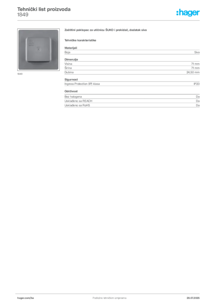 Slika Hager Product data sheet 1849  | Hager