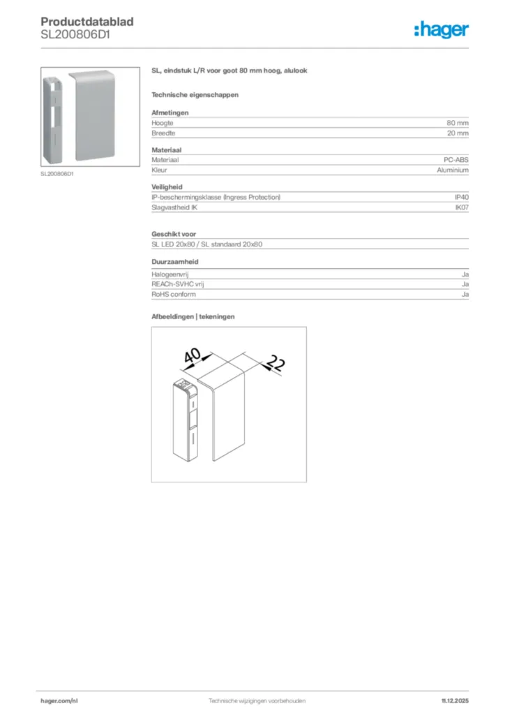 Afbeelding Hager Productdatablad SL200806D1 | Hager Nederland