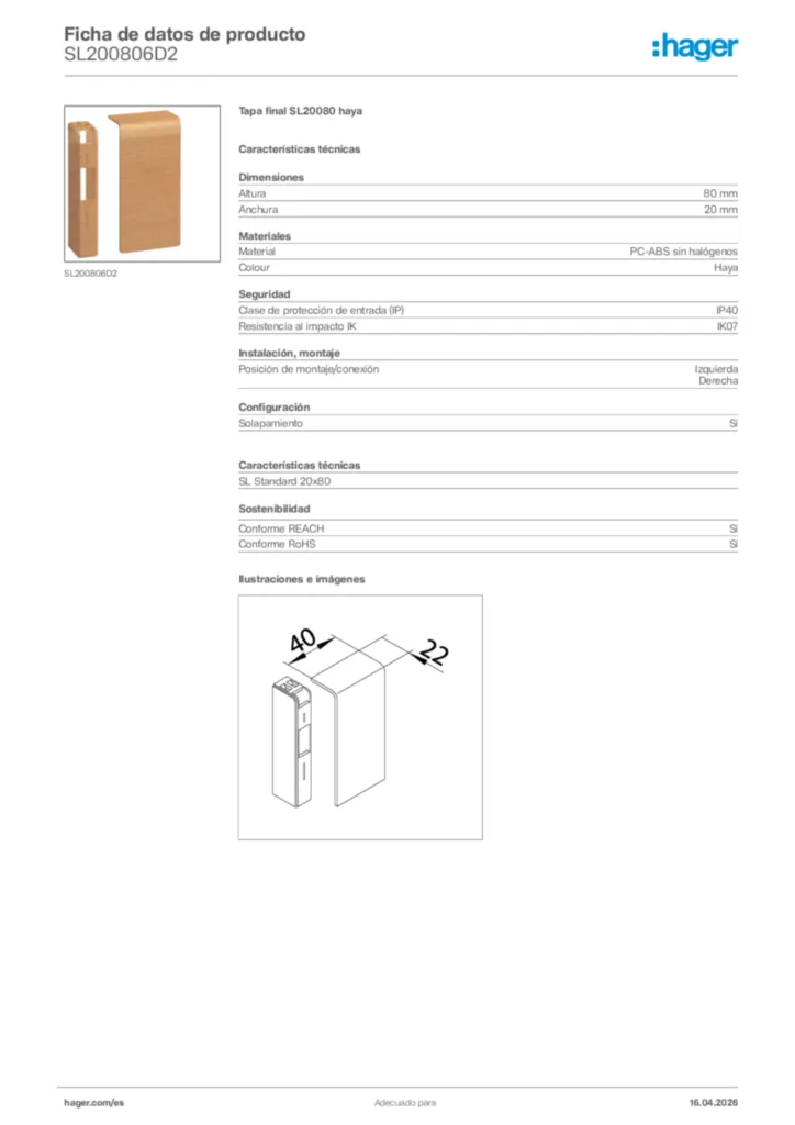 Imagen Hager Ficha de datos de producto SL200806D2 | Hager España