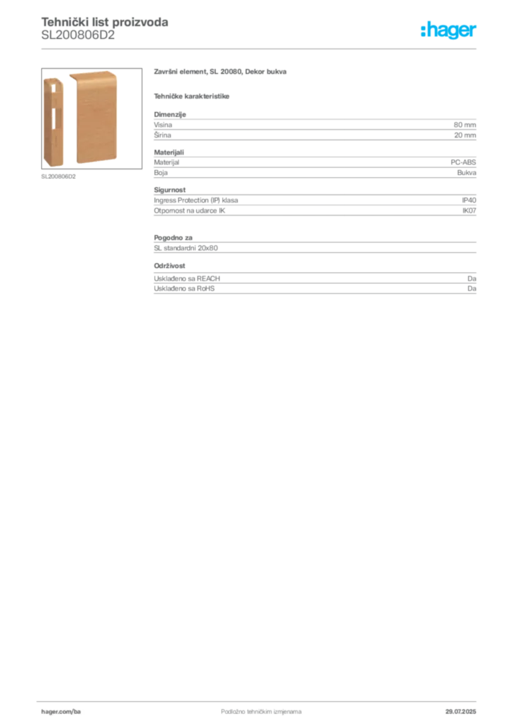Slika Hager Product data sheet SL200806D2  | Hager