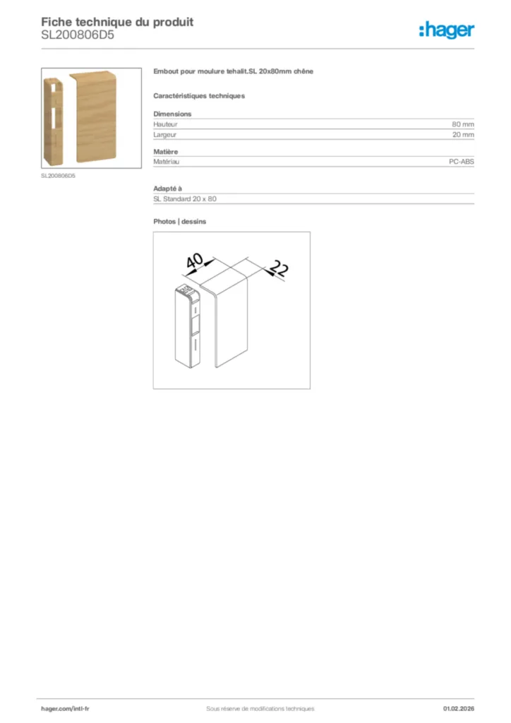 Image Hager Fiche technique du produit SL200806D5 | Hager Afrique