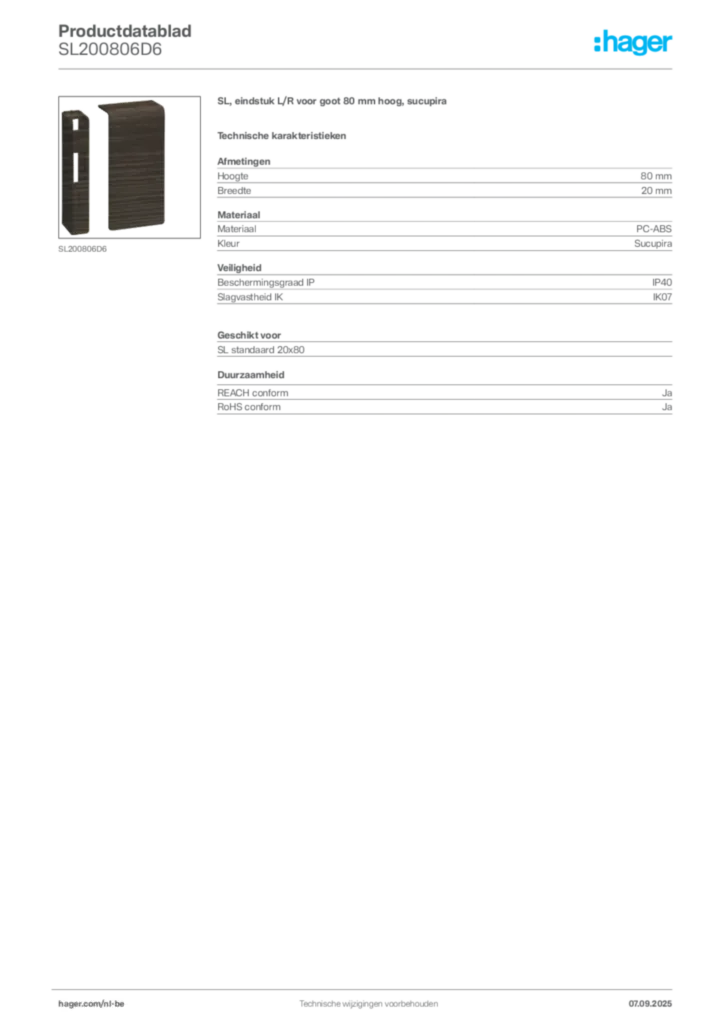 Afbeelding Hager Productdatablad SL200806D6 | Hager Belgium