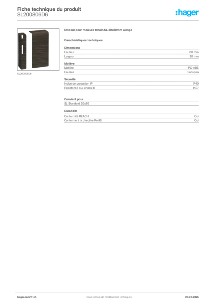 Image Hager Fiche technique du produit SL200806D6 | Hager Suisse