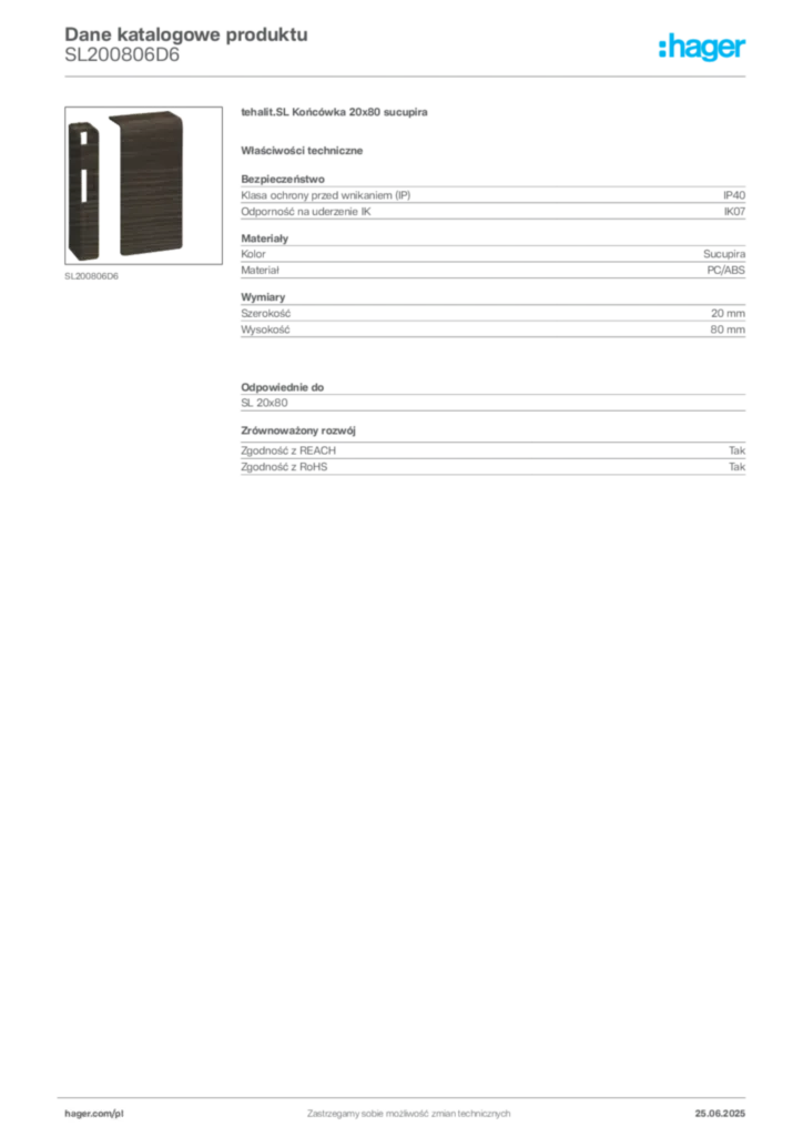 Zdjęcie Hager Karta katalogowa SL200806D6 | Hager Polska