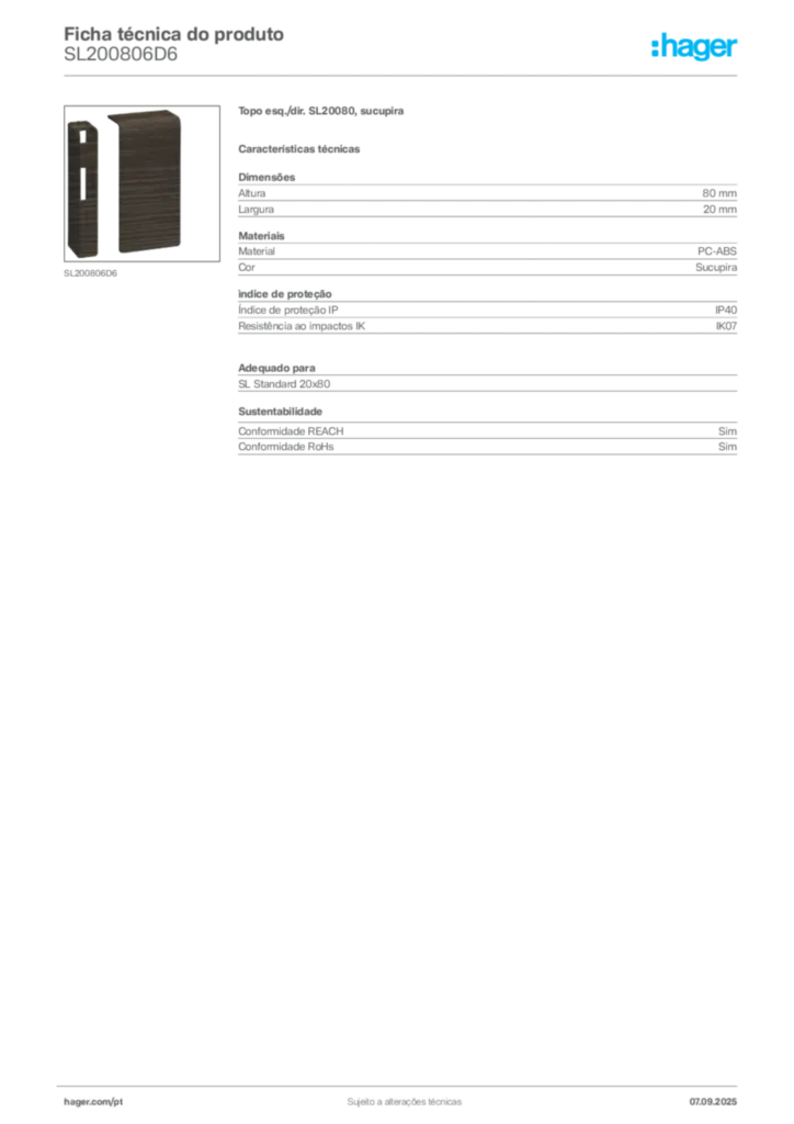 Imagem Hager Ficha técnica do produto SL200806D6 | Hager Portugal