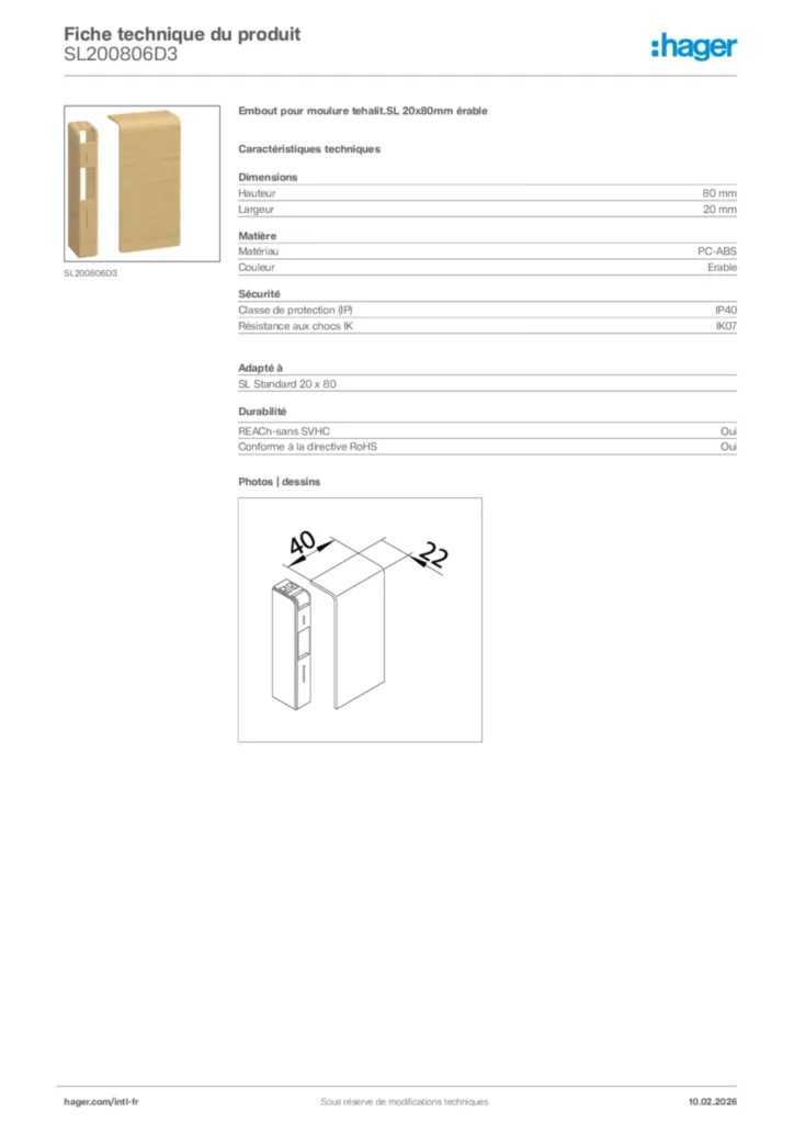 Image Hager Fiche technique du produit SL200806D3 | Hager Afrique