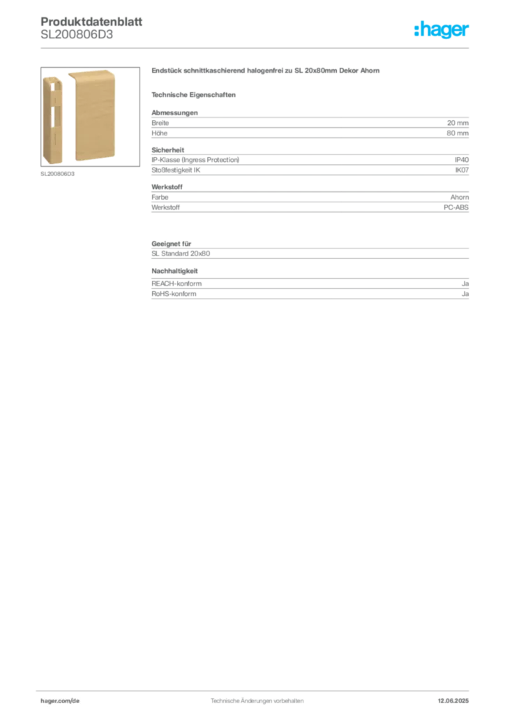 Hager Produktdatenblatt SL200806D3