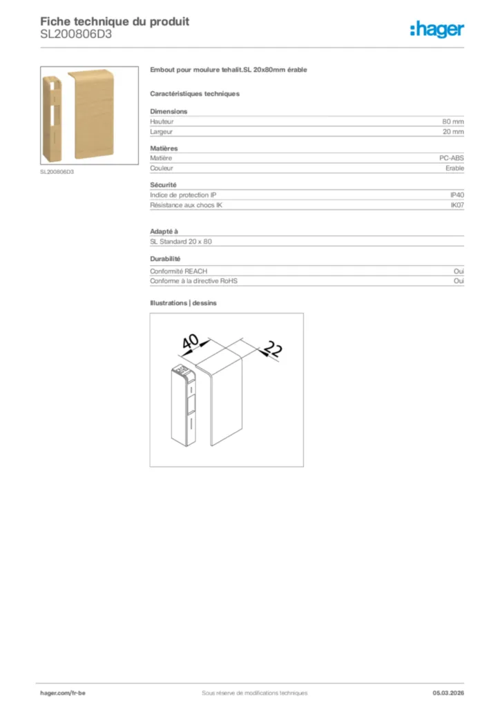 Image Hager Fiche technique du produit SL200806D3 | Hager Belgique