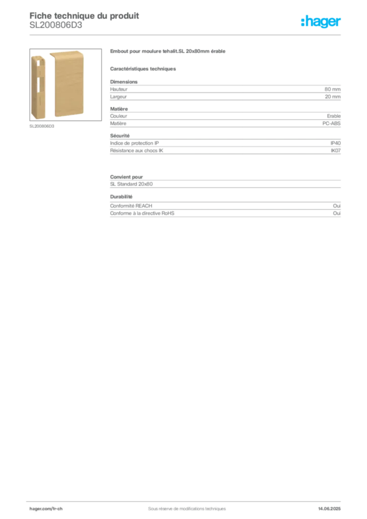 Image Hager Fiche technique du produit SL200806D3 | Hager Suisse