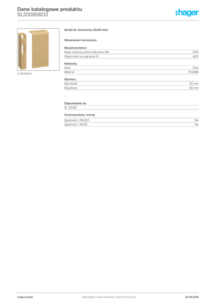Zdjęcie Hager Karta katalogowa SL200806D3 | Hager Polska