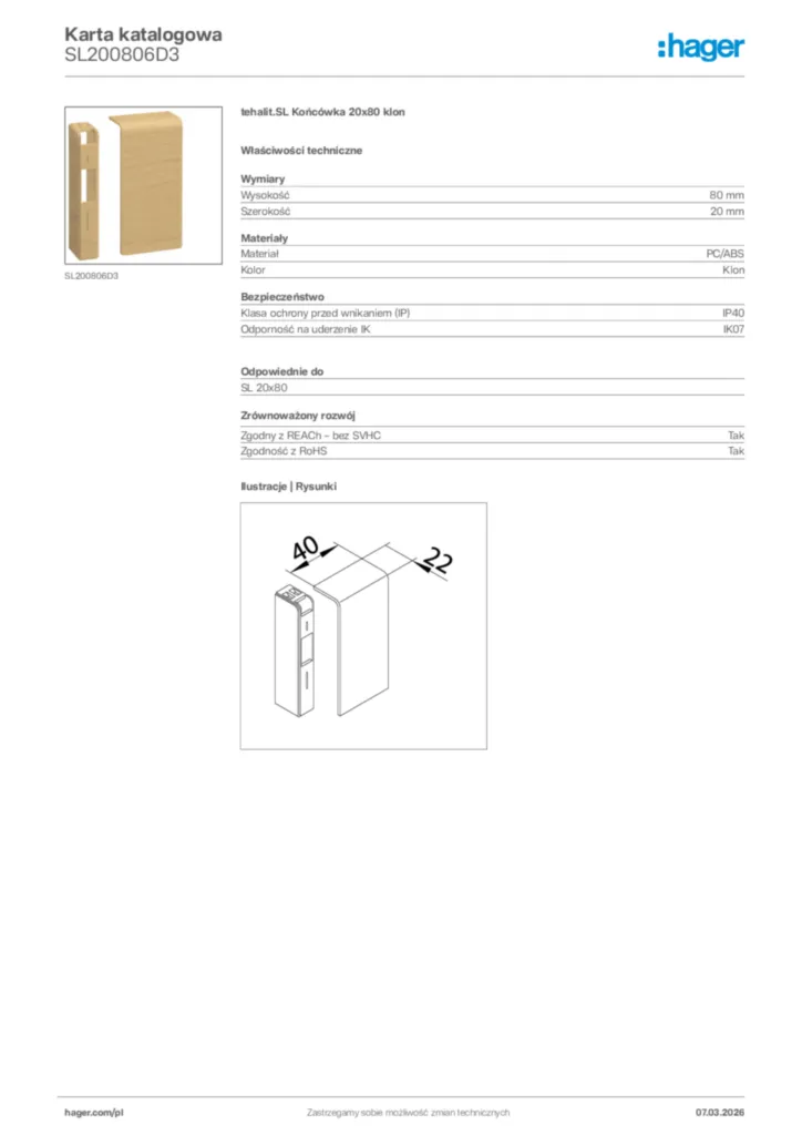 Zdjęcie Hager Karta katalogowa SL200806D3 | Hager Polska