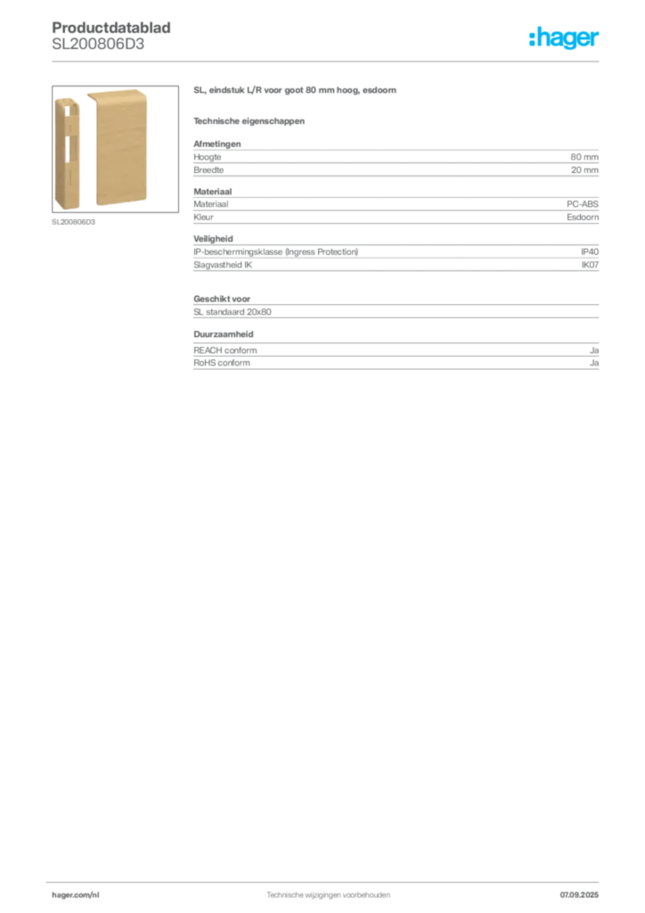 Afbeelding Hager Productdatablad SL200806D3 | Hager Nederland