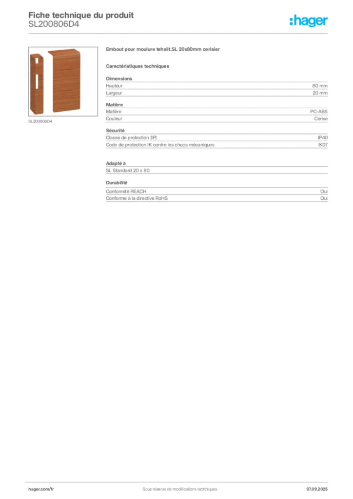 Image Hager Fiche technique du produit SL200806D4 | Hager France