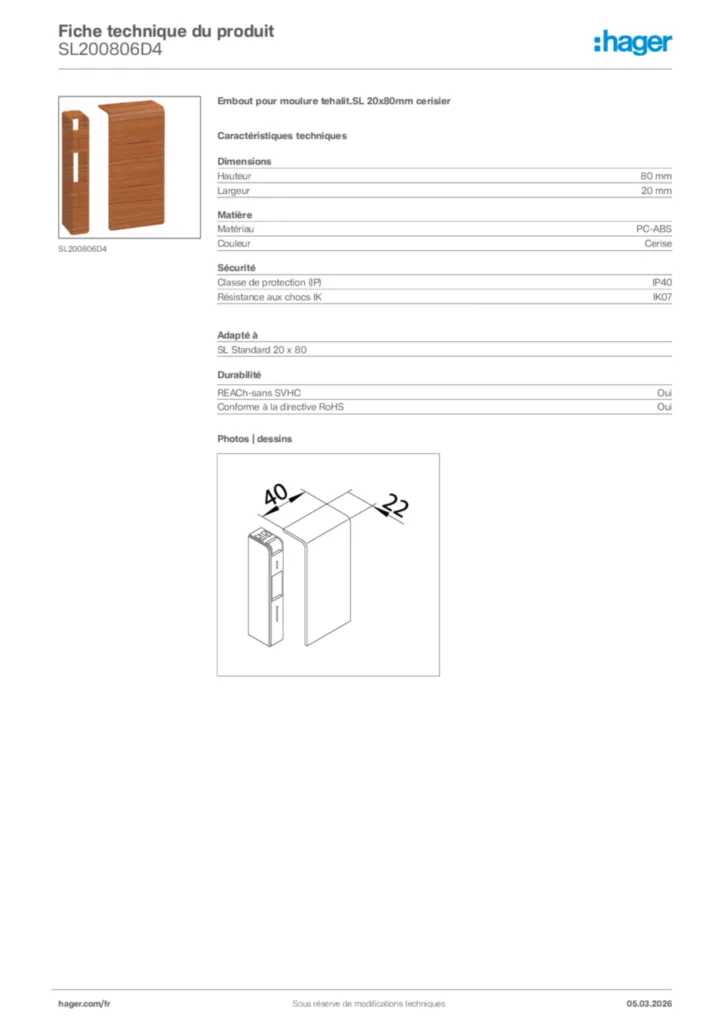 Image Hager Fiche technique du produit SL200806D4 | Hager France