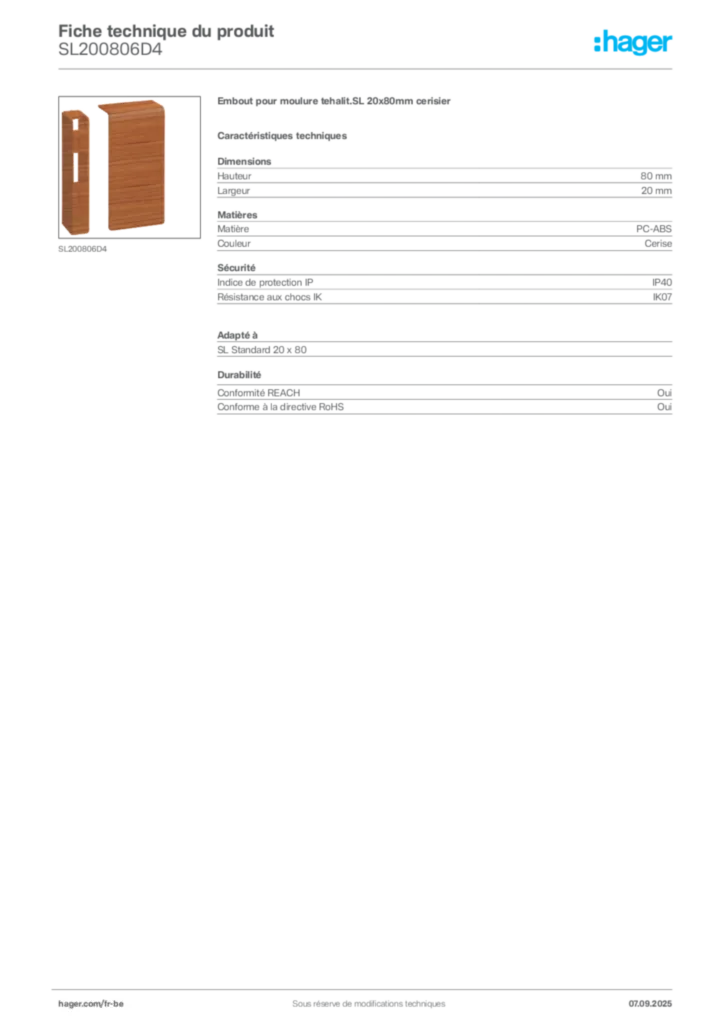 Image Hager Fiche technique du produit SL200806D4 | Hager Belgique