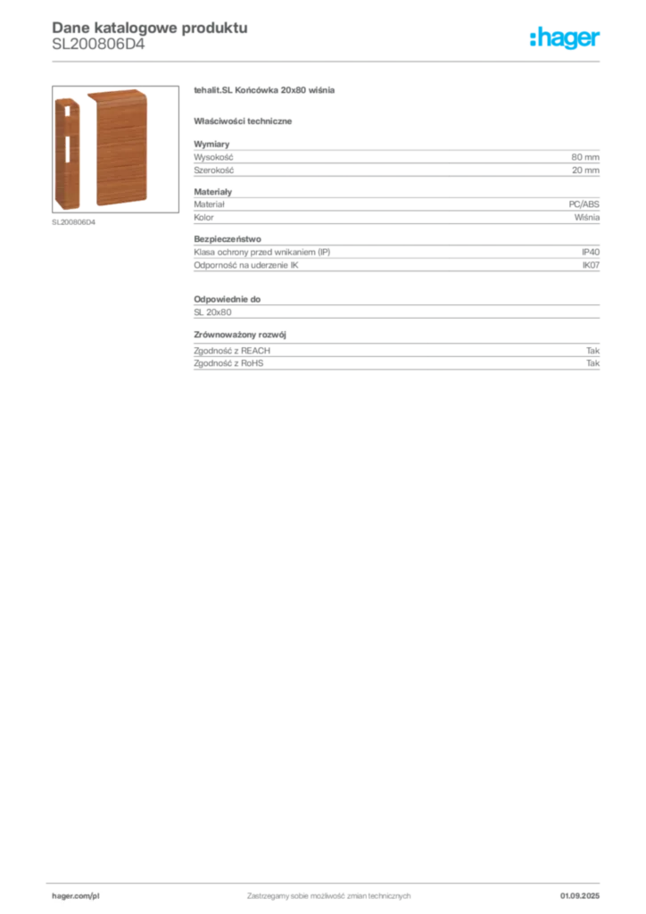 Zdjęcie Hager Karta katalogowa SL200806D4 | Hager Polska