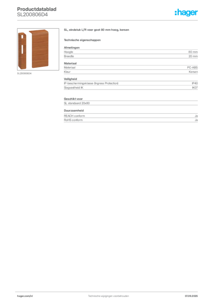Afbeelding Hager Productdatablad SL200806D4 | Hager Nederland