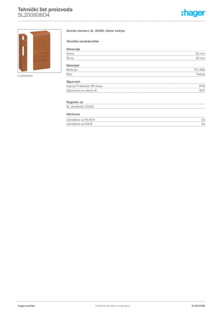 Slika Hager Tehnički list proizvoda SL200806D4  | Hager