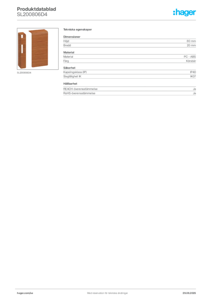 Bild Hager Produktdatablad SL200806D4 | Hager Sverige