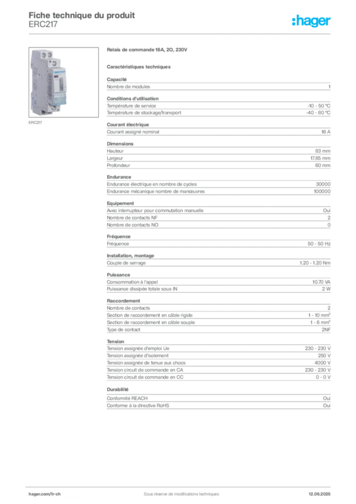 Image Hager Fiche technique du produit ERC217 | Hager Suisse