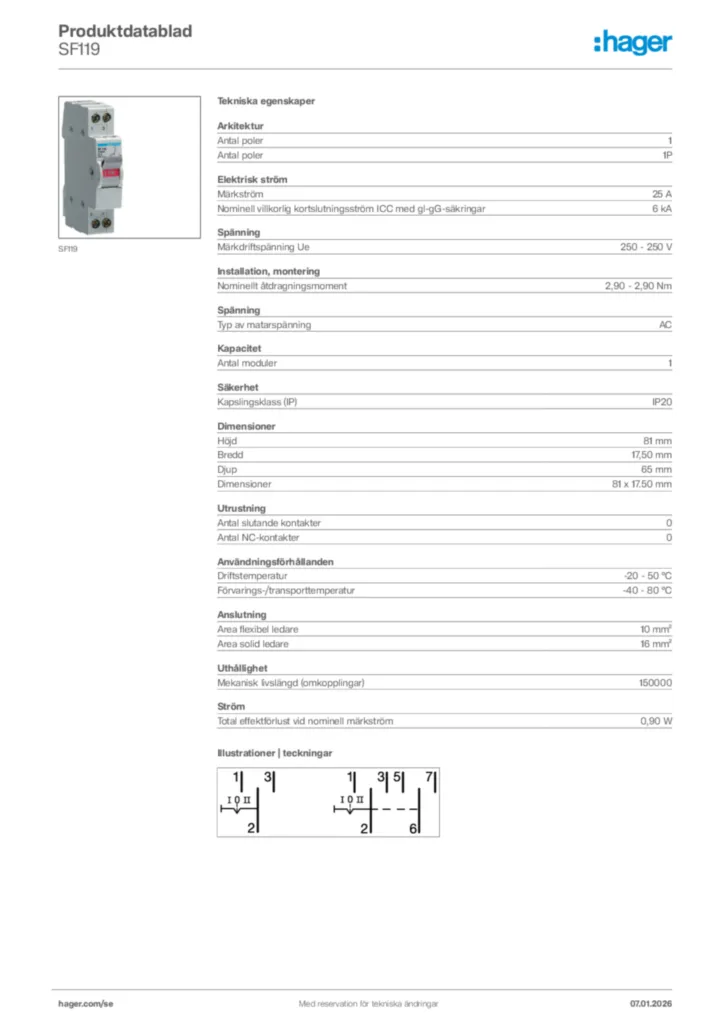 Bild Hager Produktdatablad SF119 | Hager Sverige