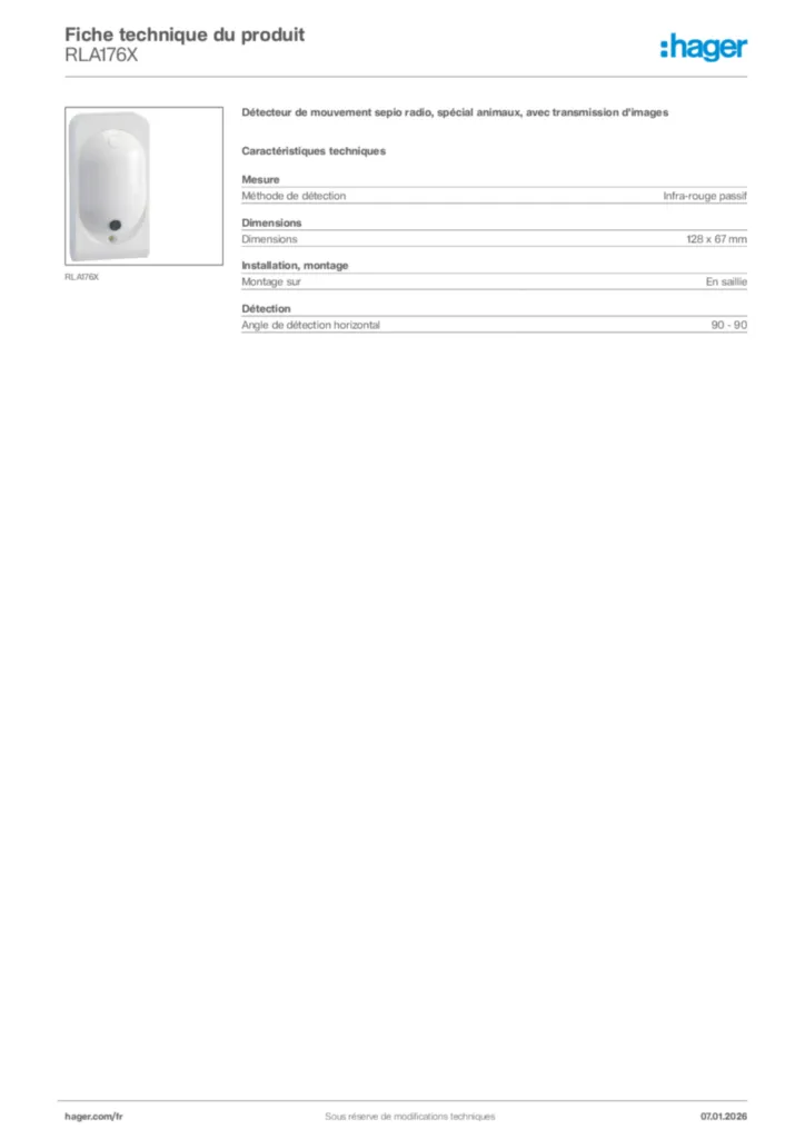 Image Hager Fiche technique du produit RLA176X | Hager France