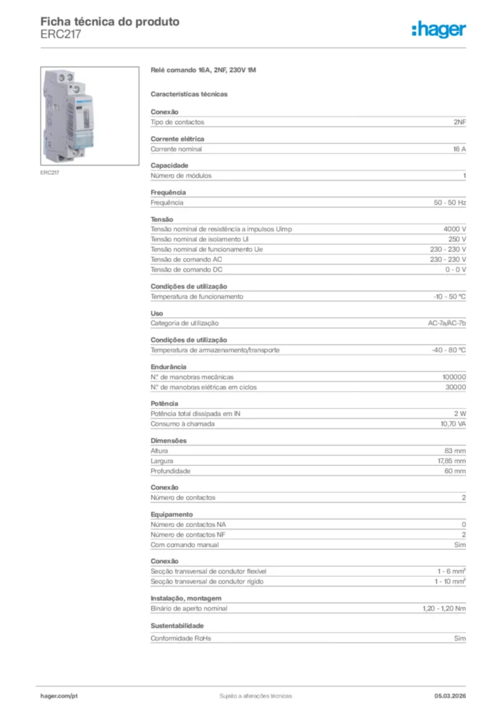 Imagem Hager Ficha técnica do produto ERC217 | Hager Portugal