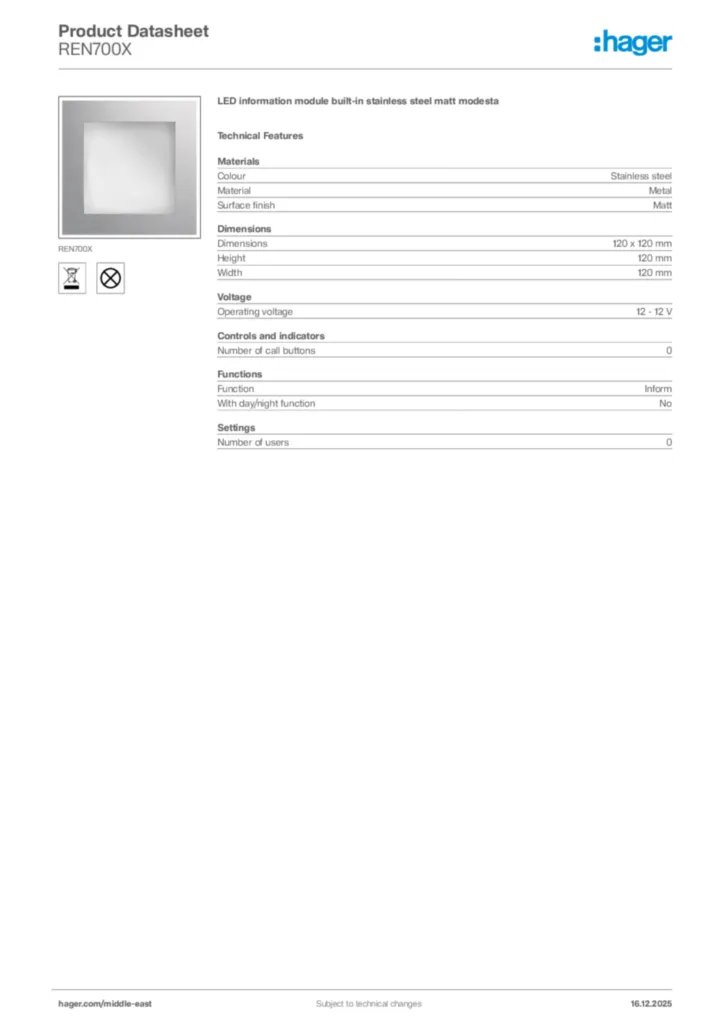 Image Hager Product data sheet REN700X  | Hager