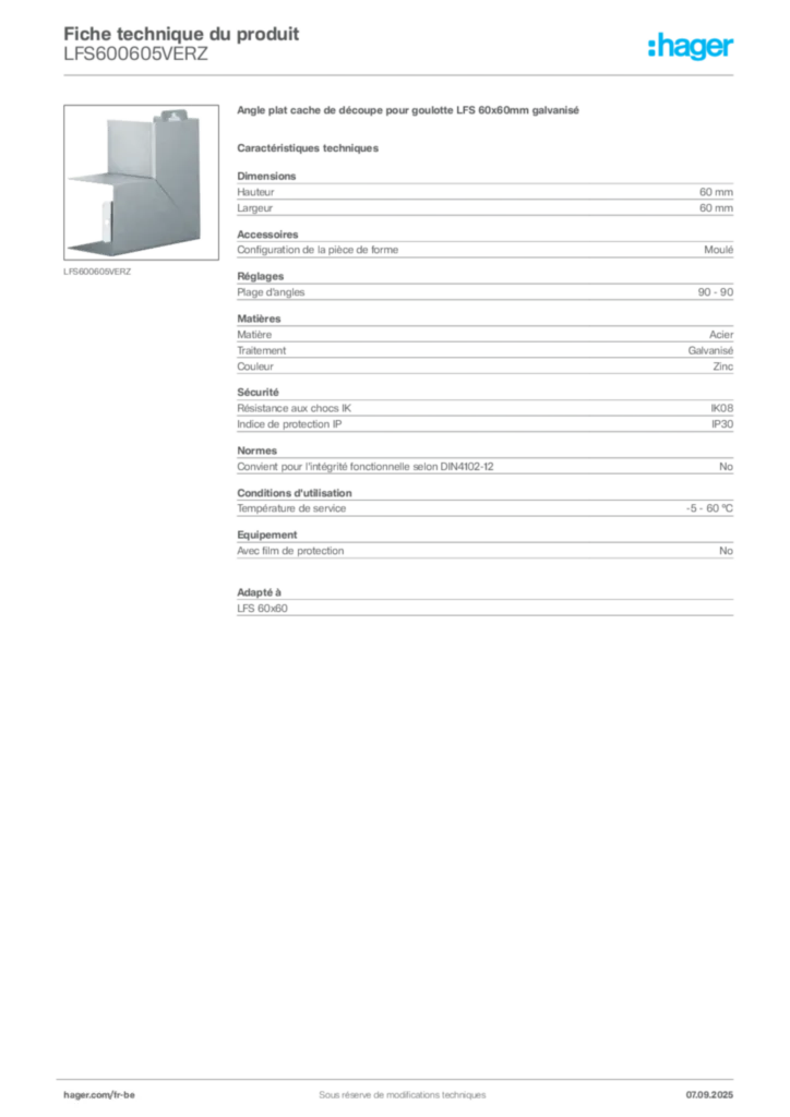 Image Hager Fiche technique du produit LFS600605VERZ | Hager Belgique