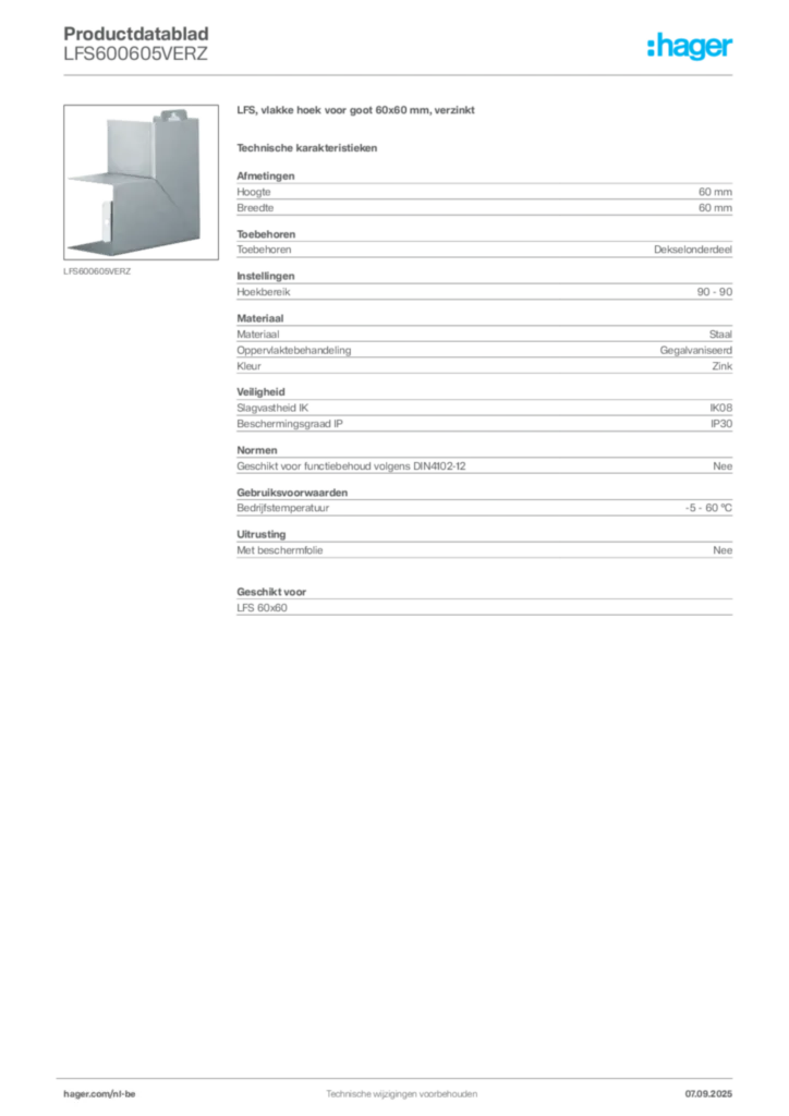 Afbeelding Hager Productdatablad LFS600605VERZ | Hager Belgium