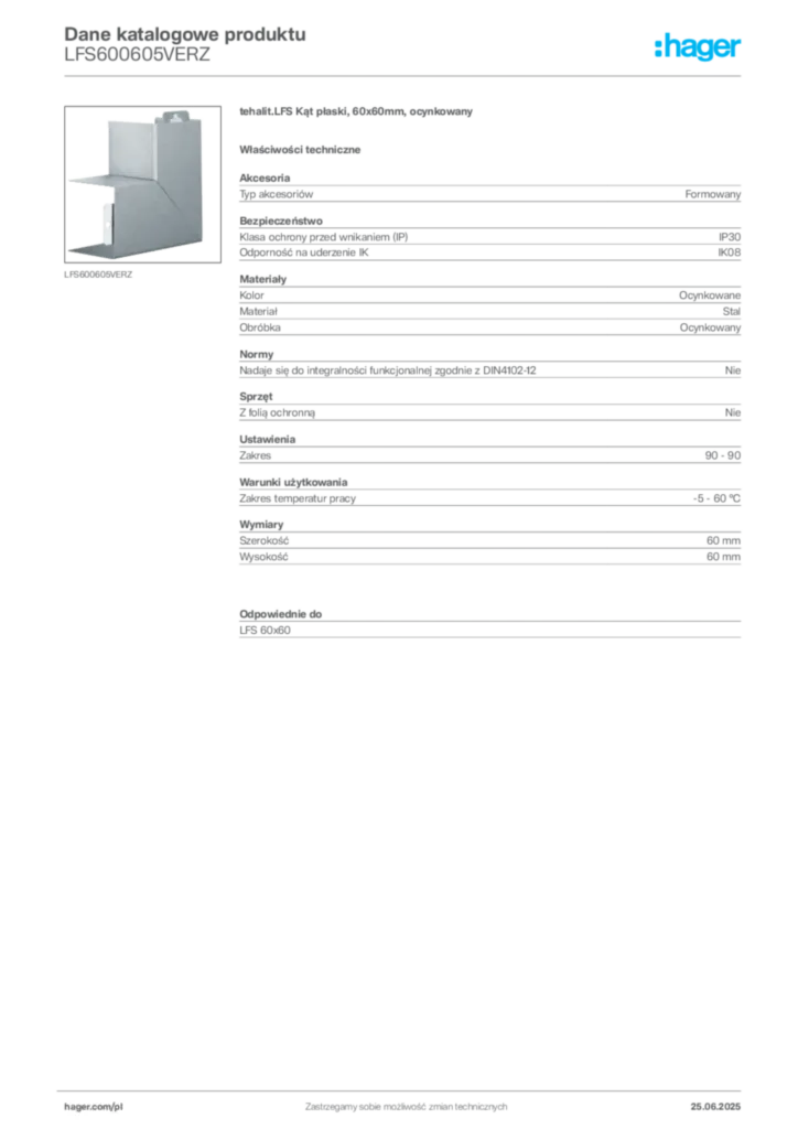 Zdjęcie Hager Karta katalogowa LFS600605VERZ | Hager Polska