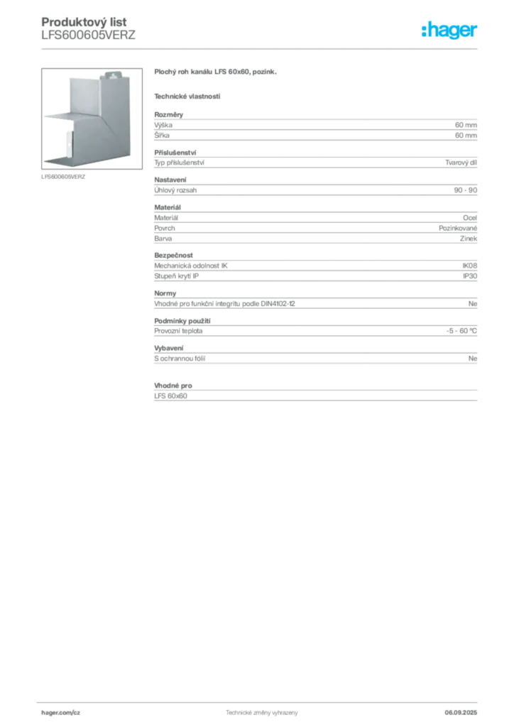 Obrázek Hager Produktový list LFS600605VERZ | Hager