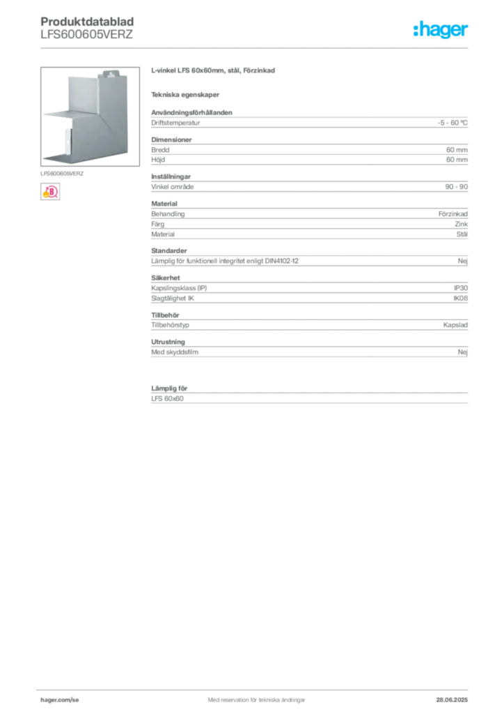 Bild Hager Produktdatablad LFS600605VERZ | Hager Sverige