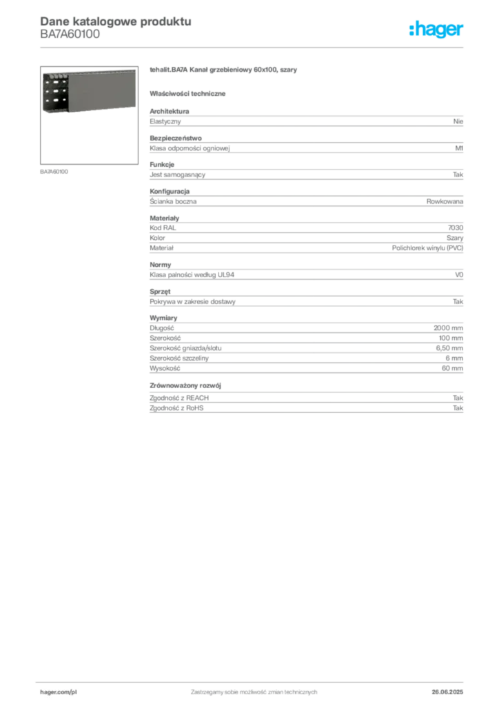 Zdjęcie Hager Karta katalogowa BA7A60100 | Hager Polska
