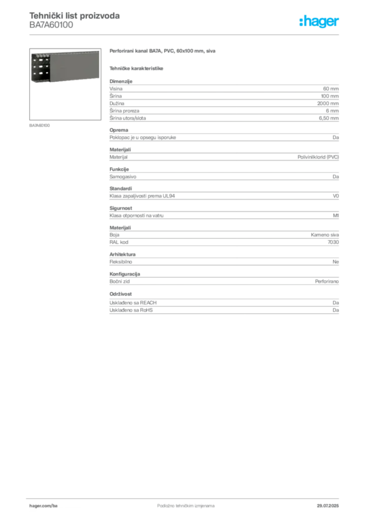 Slika Hager Product data sheet BA7A60100  | Hager