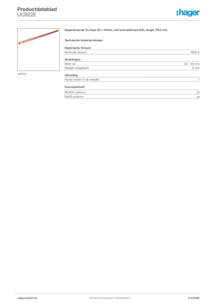 Afbeelding Hager Productdatablad UC922E | Hager Belgium