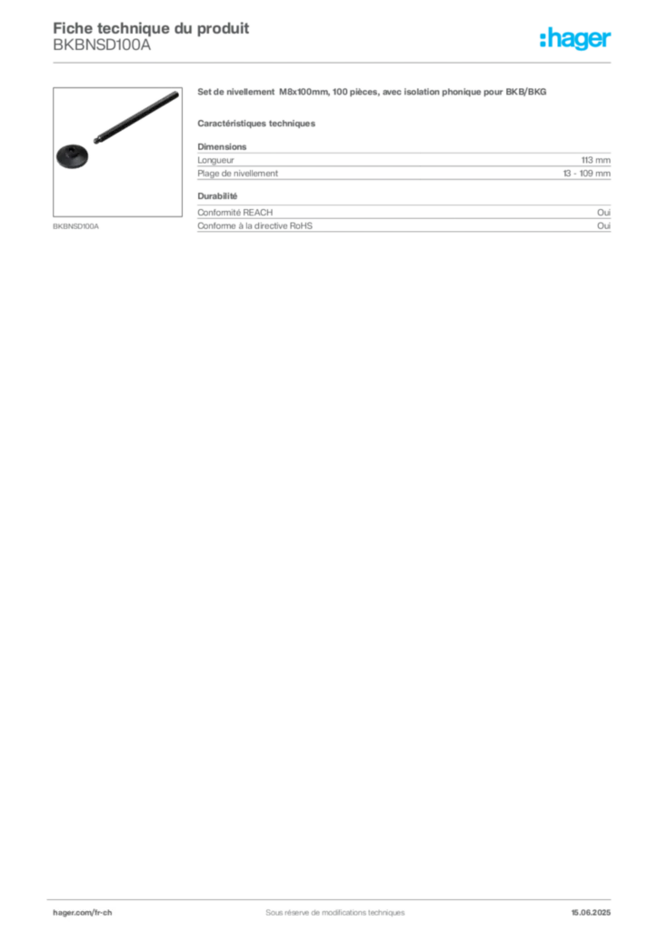 Image Hager Fiche technique du produit BKBNSD100A | Hager Suisse