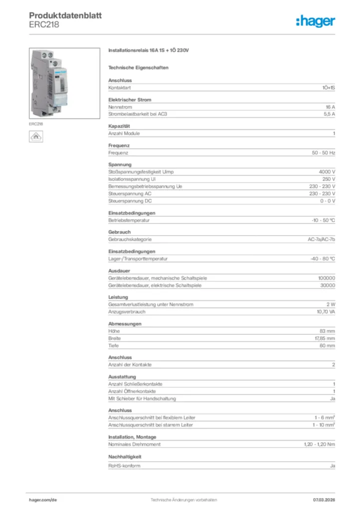 Bild Hager Produktdatenblatt ERC218 | Hager Deutschland