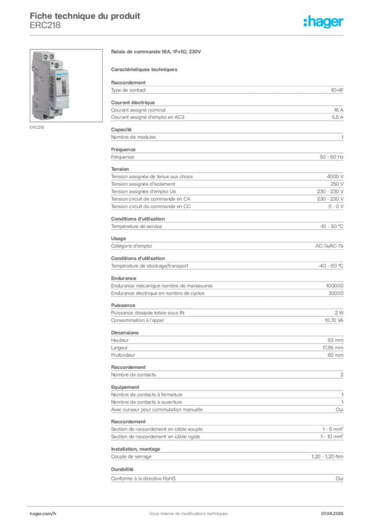 Image Hager Fiche technique du produit ERC218 | Hager France