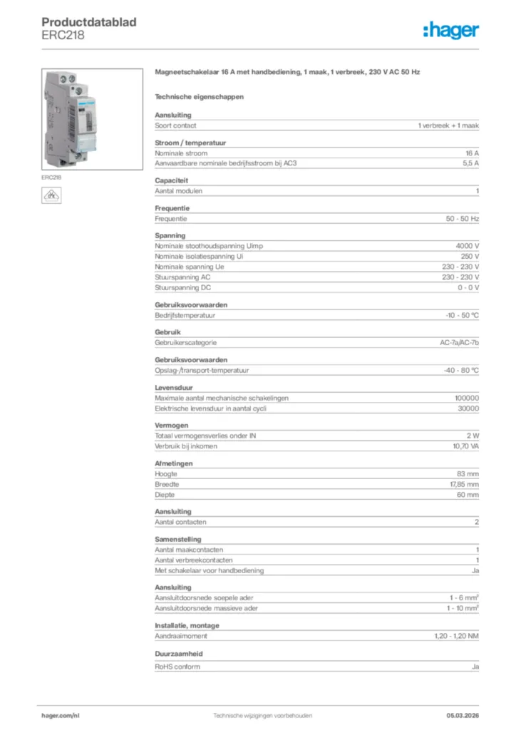 Afbeelding Hager Productdatablad ERC218 | Hager Nederland