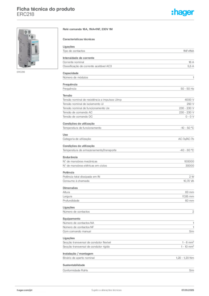 Imagem Hager Ficha técnica do produto ERC218 | Hager Portugal