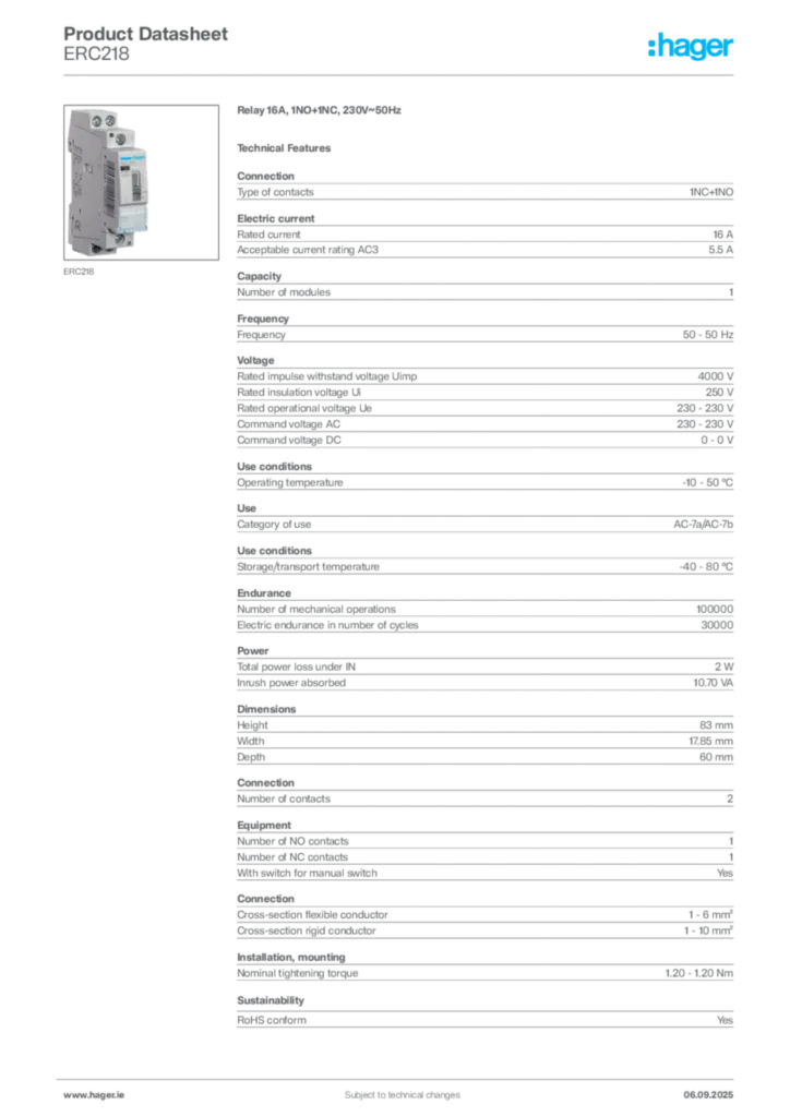 Image Hager Product data sheet ERC218  | Hager
