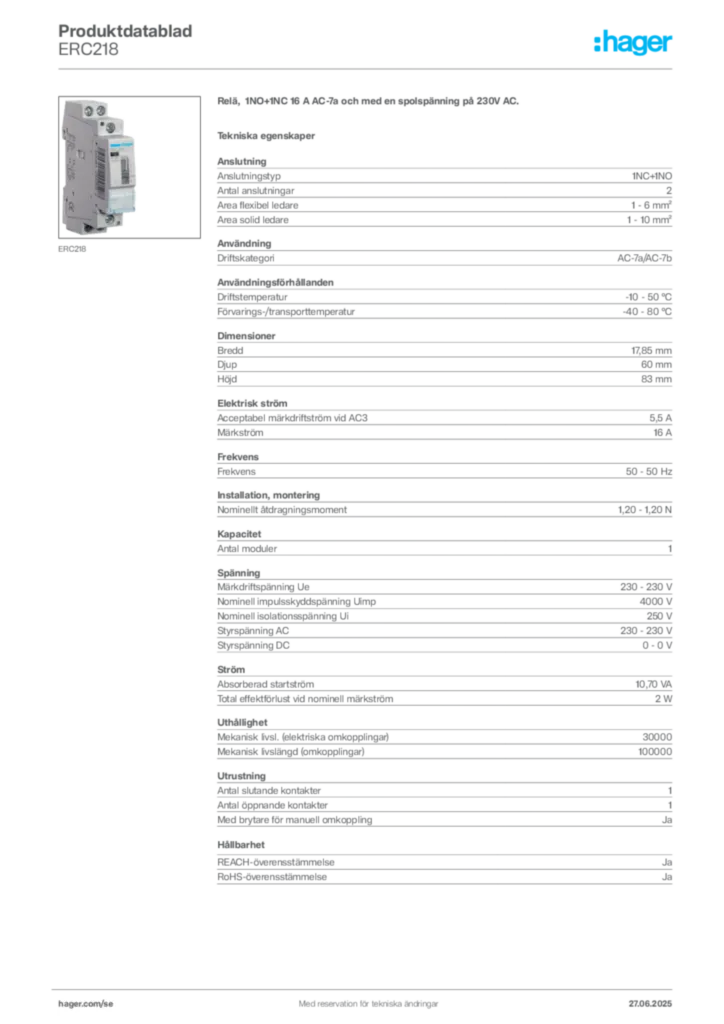 Bild Hager Produktdatablad ERC218 | Hager Sverige