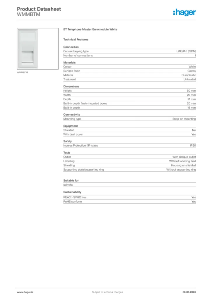 Image Hager Product data sheet WMMBTM  | Hager