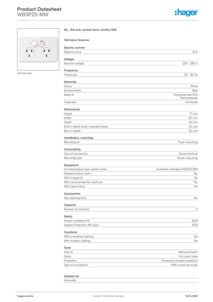 Image Hager Product data sheet WBSP2S-MW  | Hager New Zealand