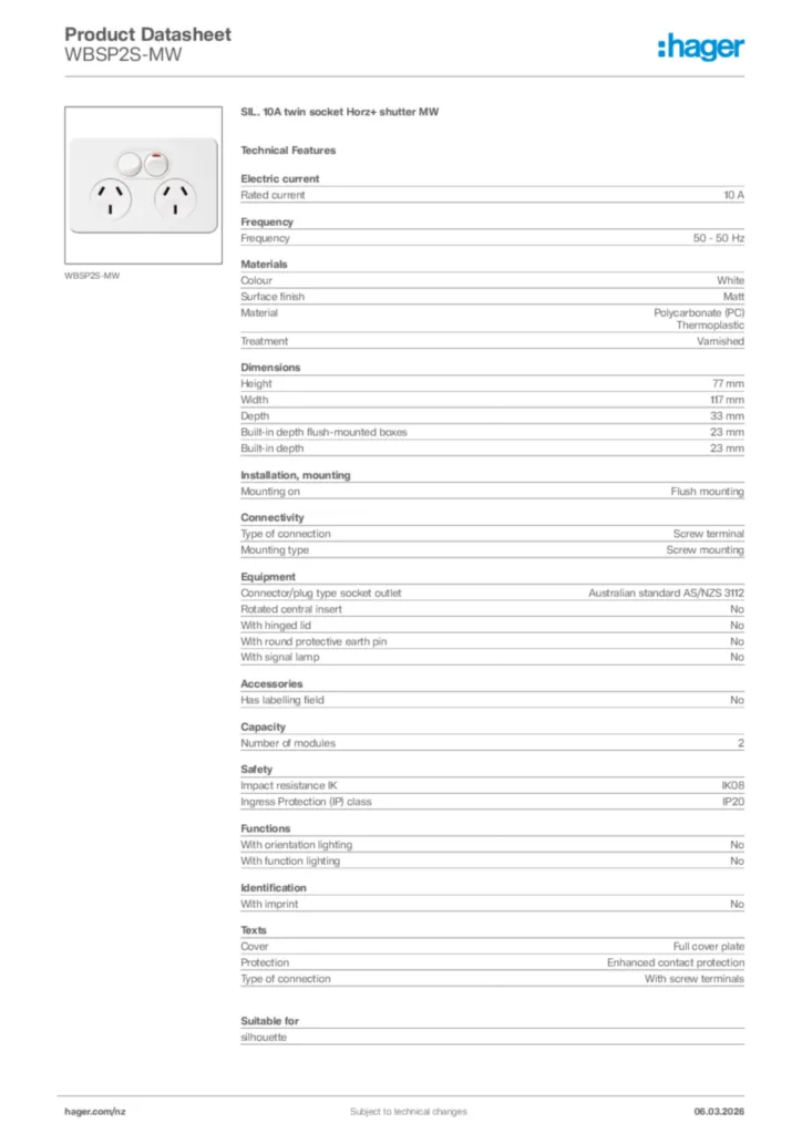 Image Hager Product data sheet WBSP2S-MW  | Hager New Zealand