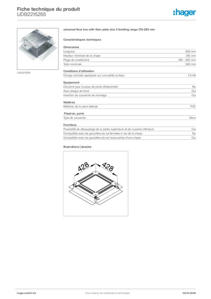 Image Hager Fiche technique du produit UDB2215265 | Hager Belgique